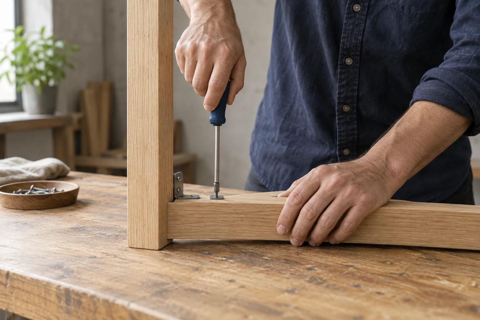 Hands using a screwdriver to assemble a wooden piece at a workbench