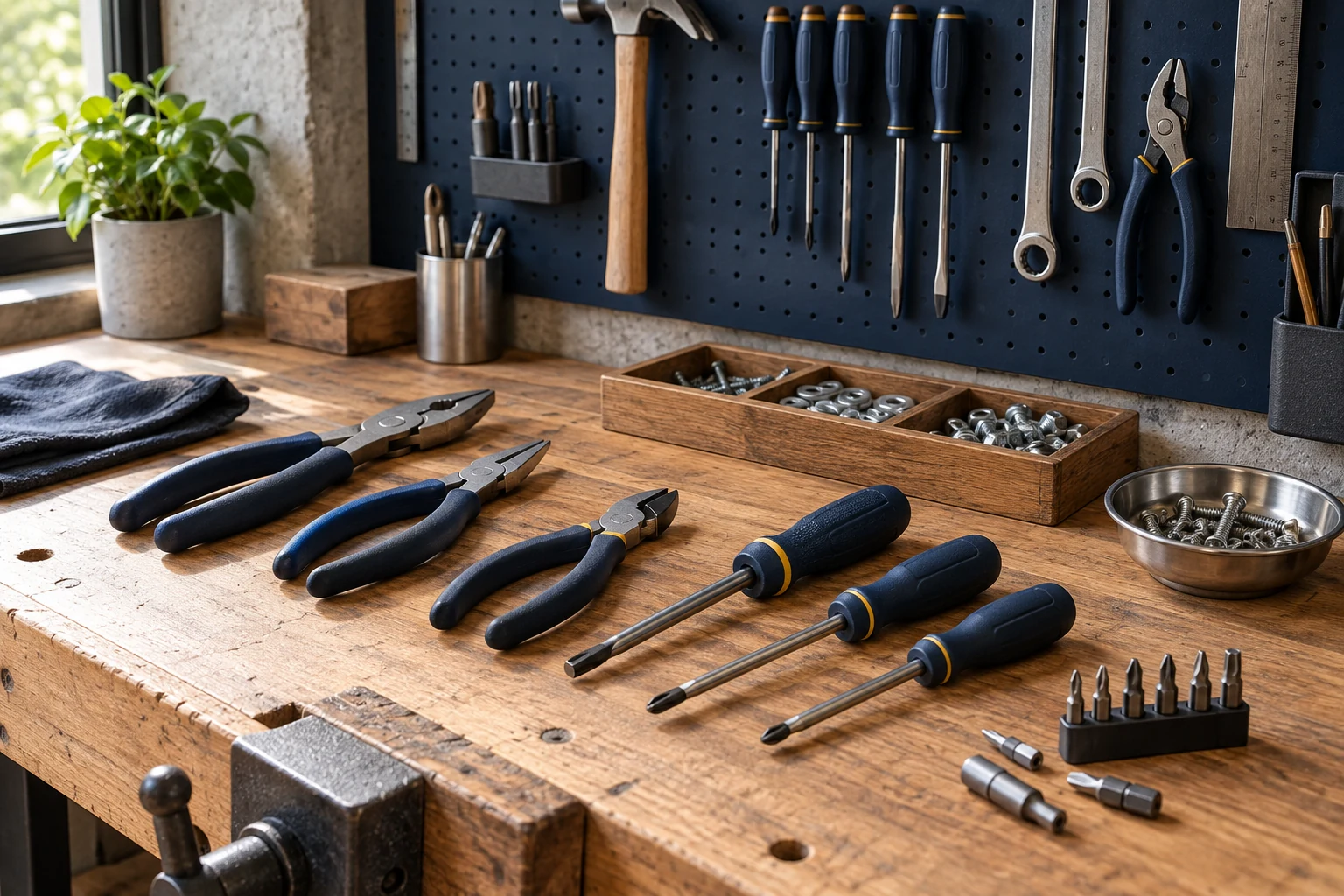 An organized workshop bench with hand tools and small hardware